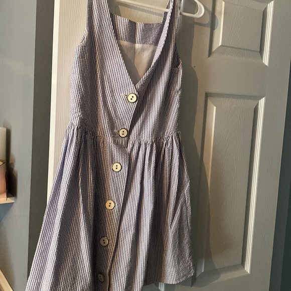 Blue and white striped short dress with buttons - Picture 2 of 4